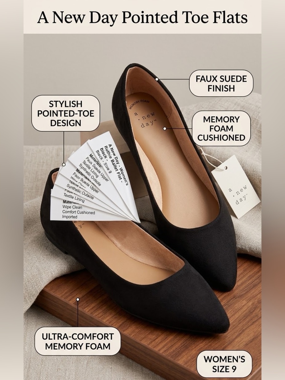 Target NOWB A New Day Women’s Black Pointed-Toe Memory Foam Flats Sz 9